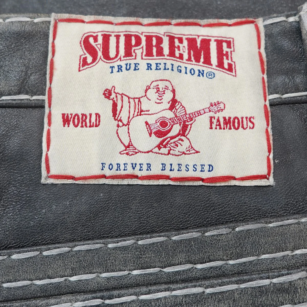 25AW True Religion Loose Fit Leather Pant コラボ5ポケット 極太ステッチ ホースシュー ロゴ シープ レザー パンツ - Image 6