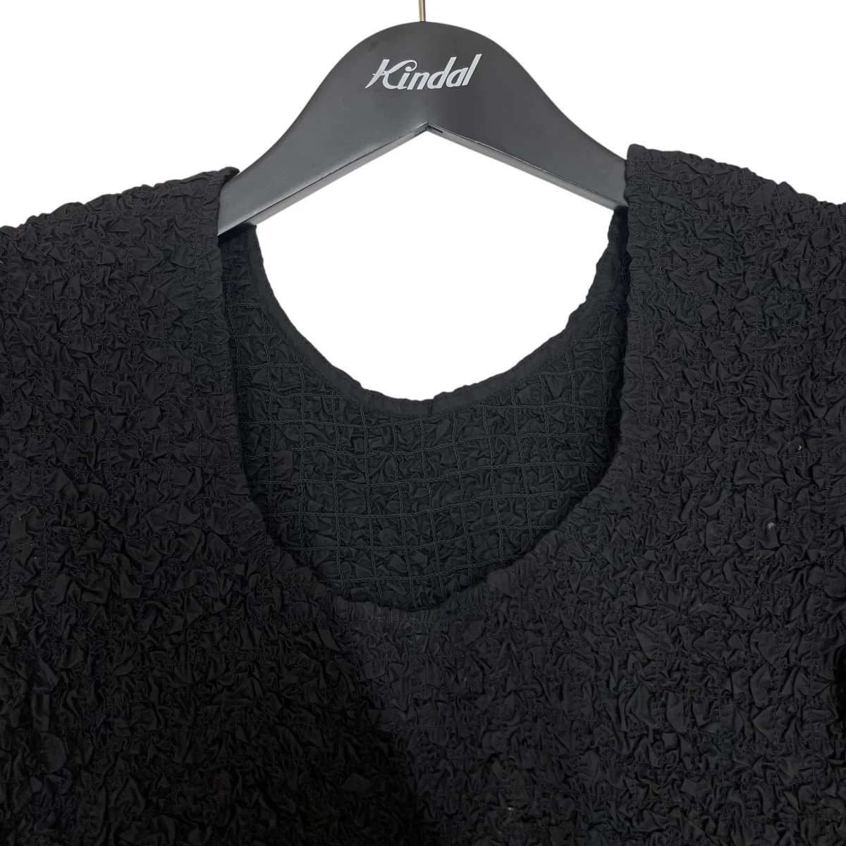 23SSBlack Cotton Poplin O-neck Cropped Smock Top 五分袖カットソーシャーリング加工 短丈 半袖カットソーF8071 - Image 3